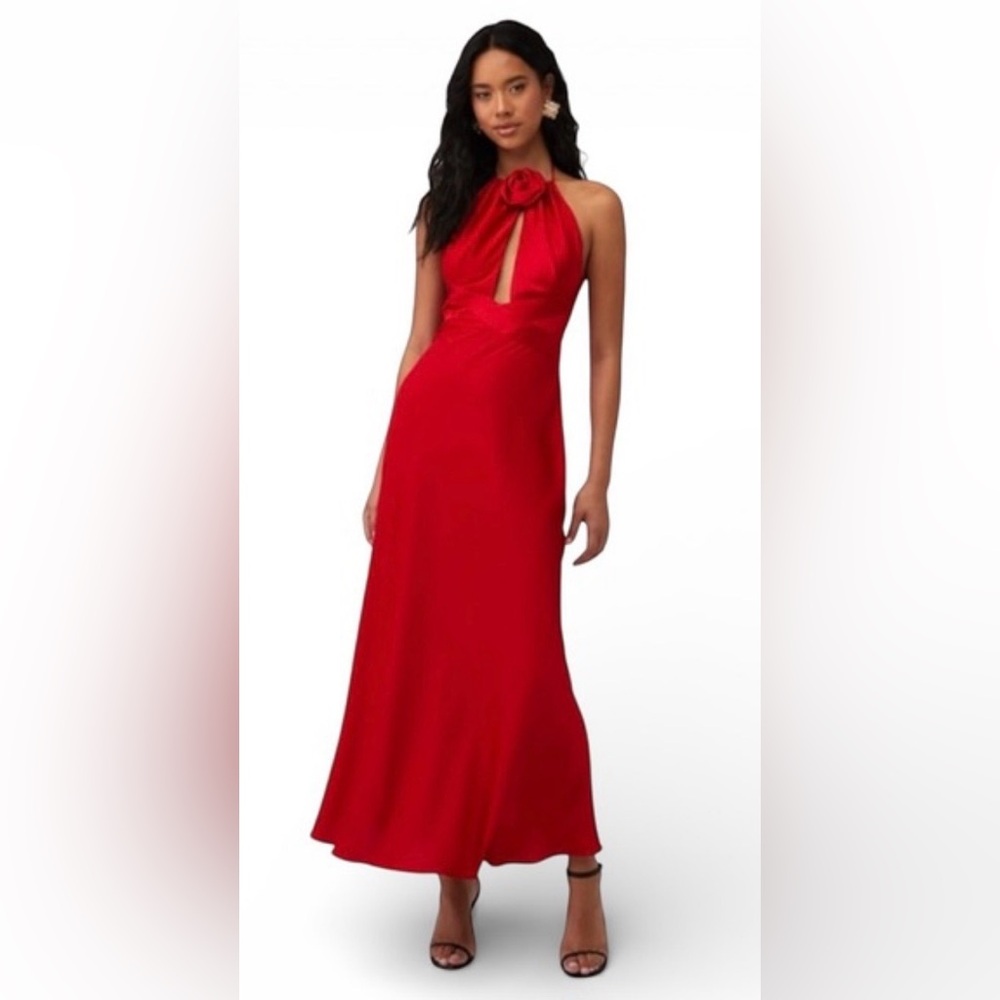 Ronny Kobo Red Silk Long Dress with Rosette Detail